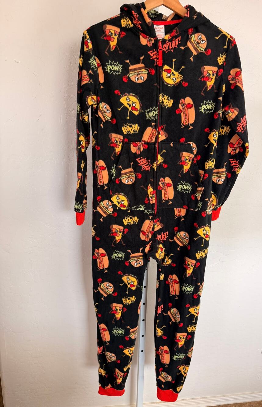 Cat & Jack XL 14 Hooded Fleece One Piece Pajamas Black Food Print Zip Union Suit